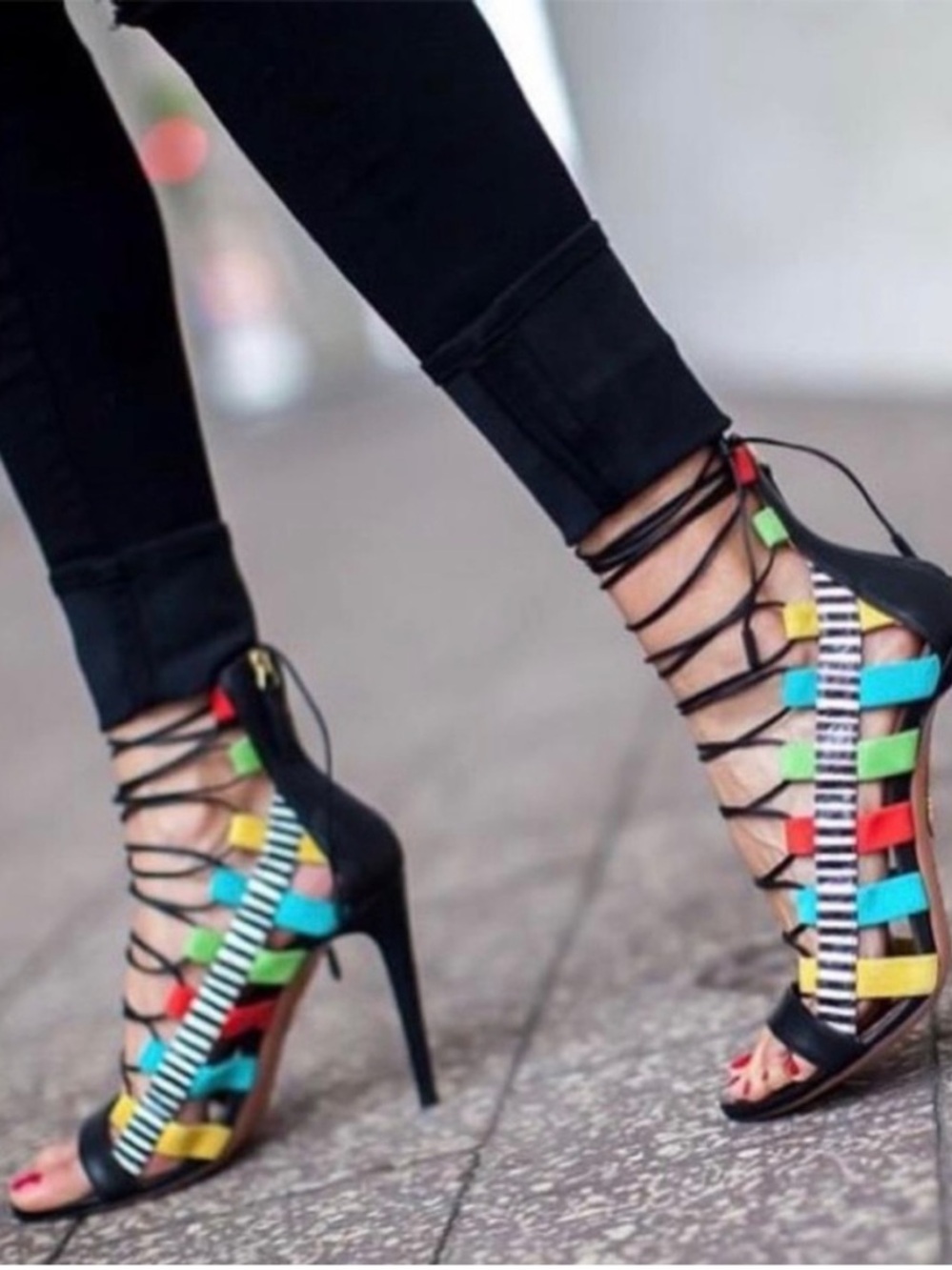 Aquazzura Amazon Multicolor Leather Lace-Up Sandals EU 36.5
